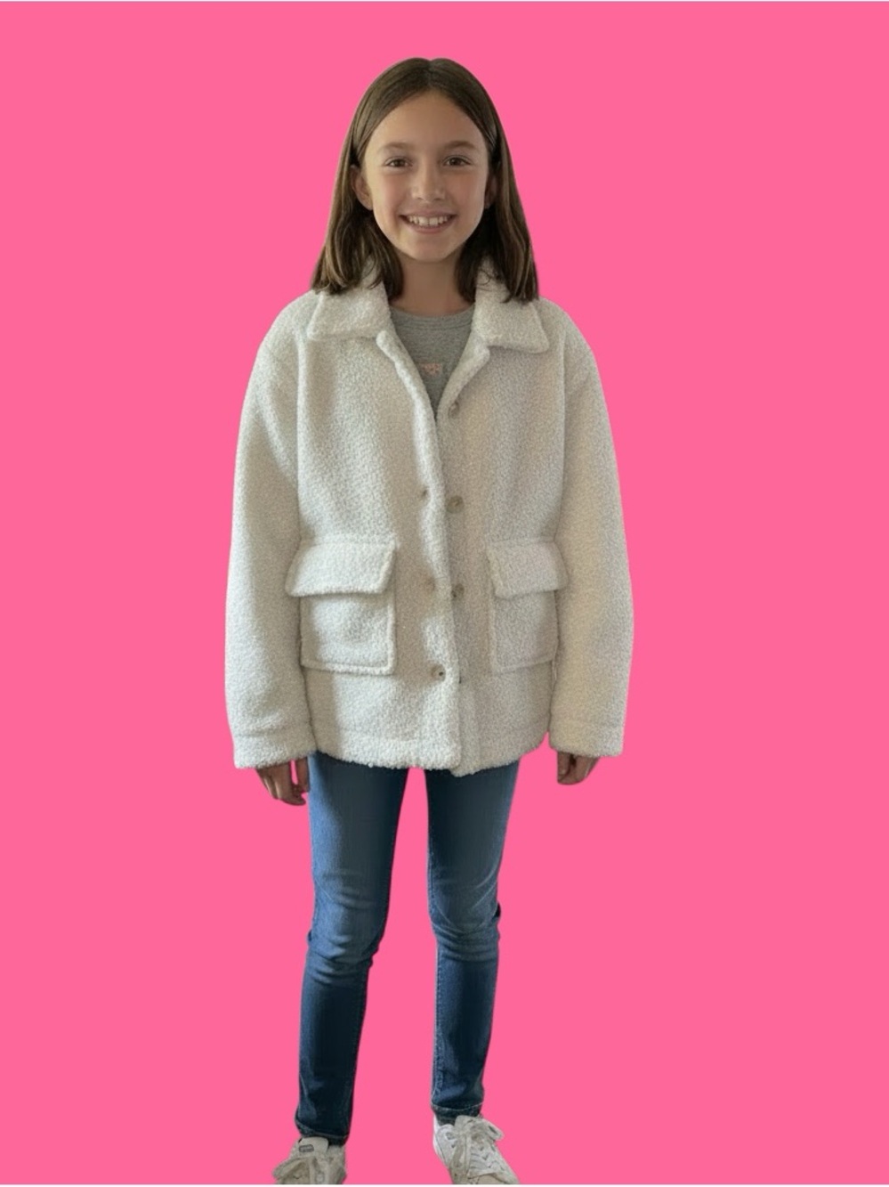 Cat & Jack Girls' Cream Sherpa Coat Jacket - Cozy Button-Up Outerwear Sz XL/14